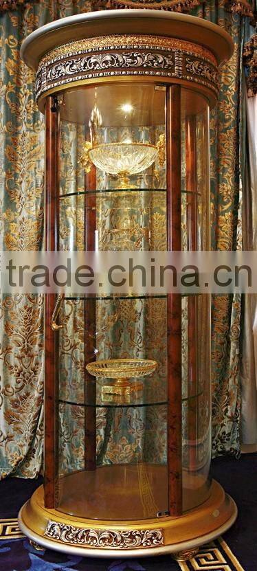 French Rococo Style Wood Carved Round Glass Door Corner Display Cabinet/ Palace Classic Living Room Wine Cabinet, Vitrine