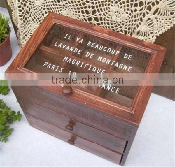 Vintage Small Wooden Cabinet Box With 6 Grids and 2 Drawer Glass Cover Storage Box Old Style Wood Craft Home Decoration 25*17*2