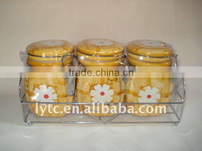 3pcs Kitchen Accessory ceramic pantry canister set with metal stand