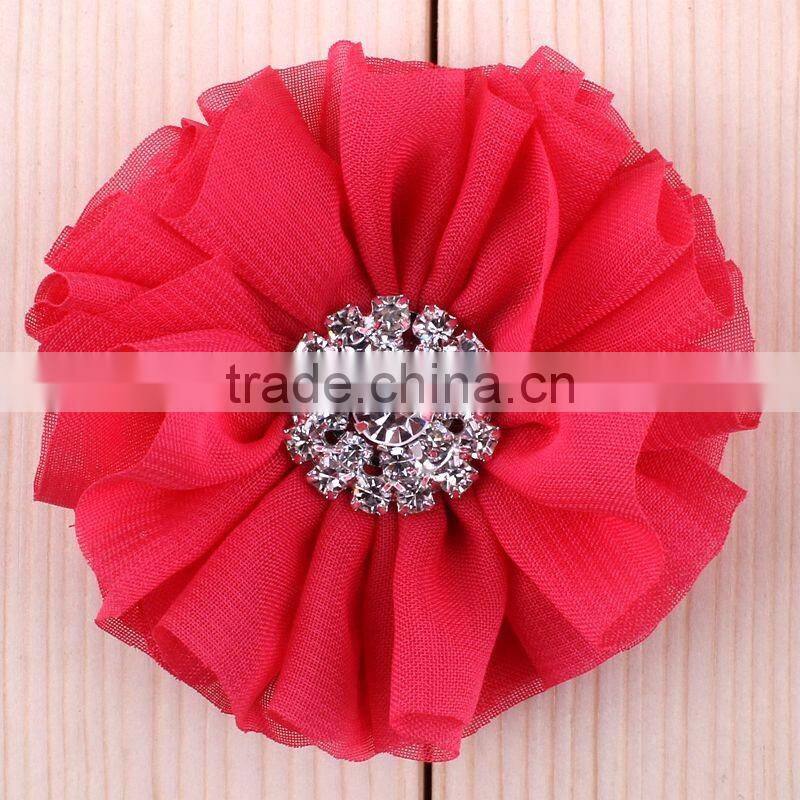 fabric chiffon flower with rhinestone center for kids hair accessories