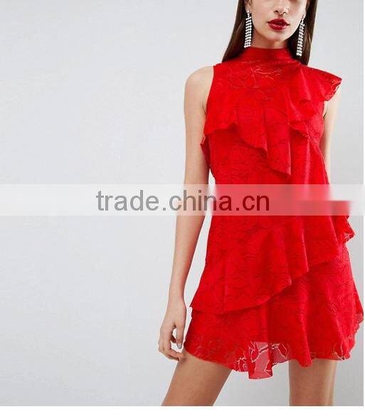 Guangzhou Wholesale Clothing OEM High Neck Sleeveless Lace Evening Dress With Pleated Skirt