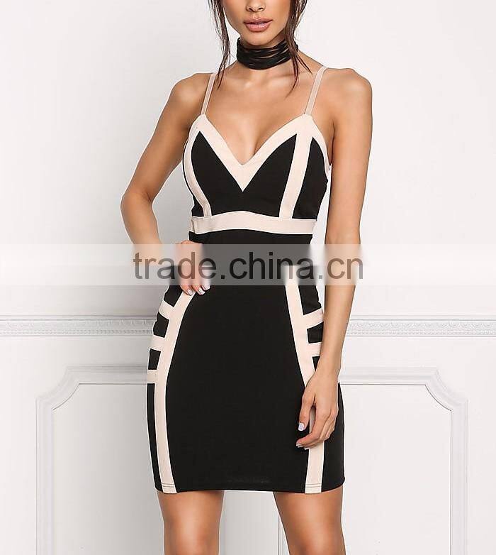 Sexy Black Two Tone Plunge Spaghetti Straps Bodycon Dress Girls Night Club Dress Photos Without Dresses HSD5930