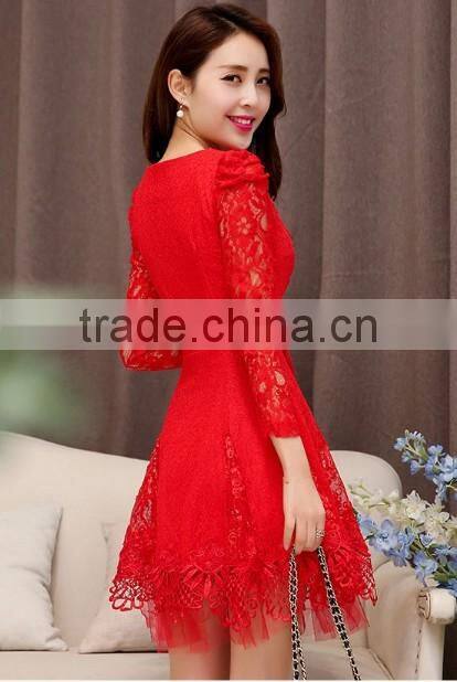 sexy red lace mature party long sleeve fashion lady dress