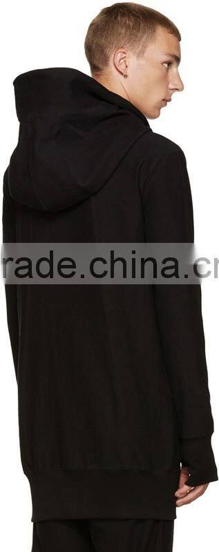 Long sleeve hoodie Structural wire at hood perimeter Asymmetrical zip closure Welt side pockets Rib knit cuffs and hem