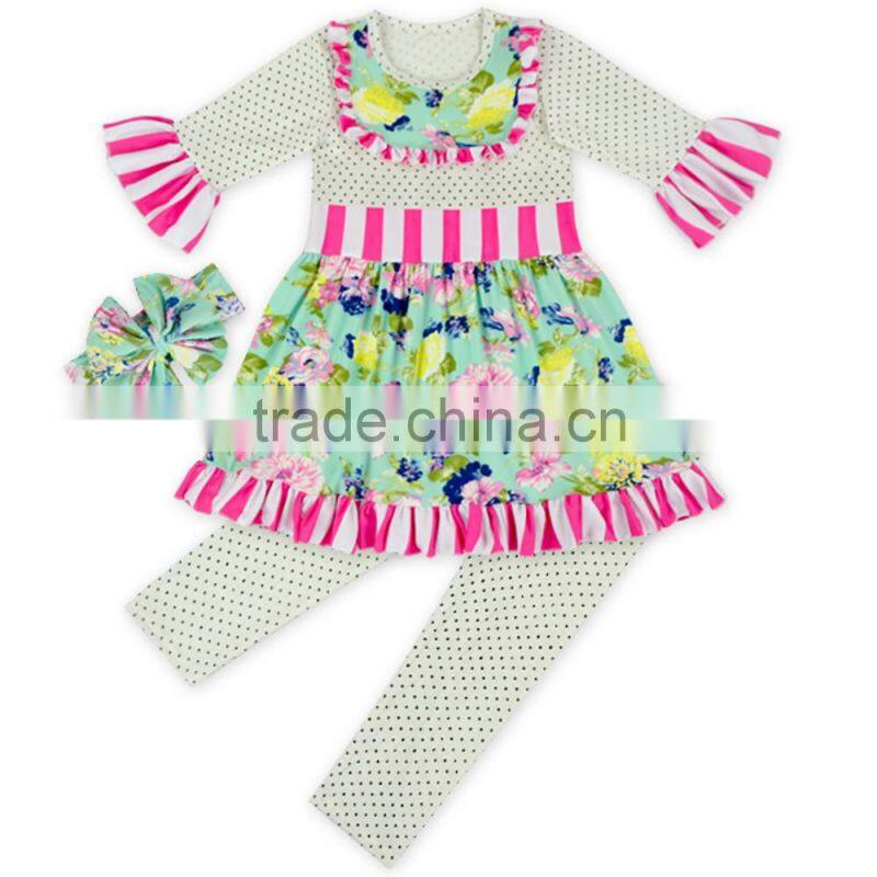 New Arrived 2pcs Children Clothing Set Stitching Printed Of Wood Ear Solid Color Leggings Cross Stitch Matching Girl Suit