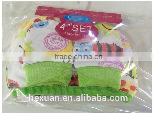 OEM or Stocked ,4pcs/set Newborn baby double hat, 2 pieces + protective gloves, 2 pairs of cotton, 4 pcs each set