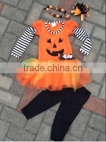 2014 new hot halloween pumpkin dress pant set with matching bow and necklace set