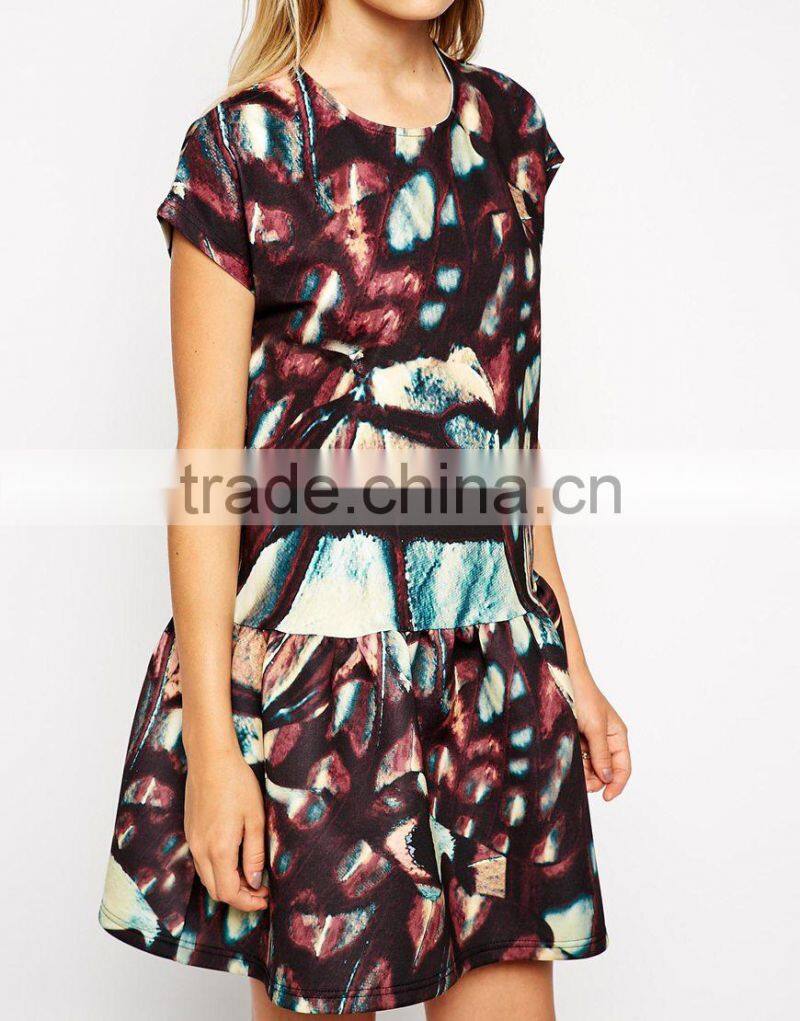 Bonded T-Shirt Shift Dress with Peplum Hem in Wing Print