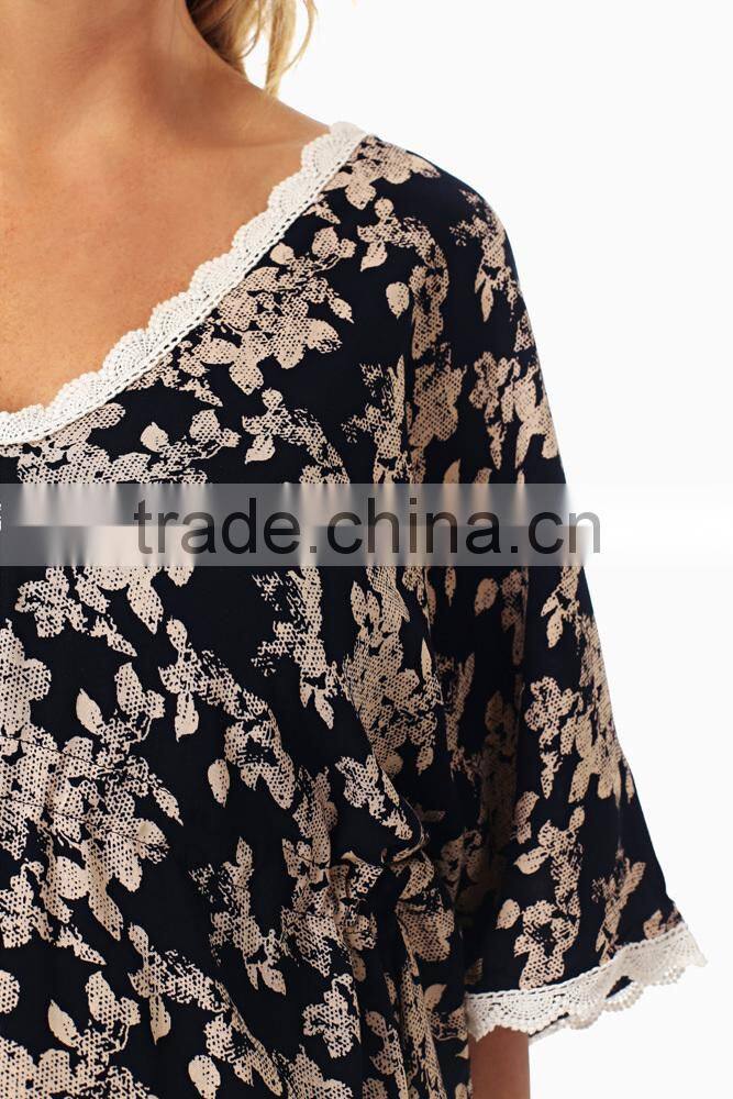 NAVY BLUE MOCHA FLORAL PRINT CROCHET TRIM MATERNITY WEAR