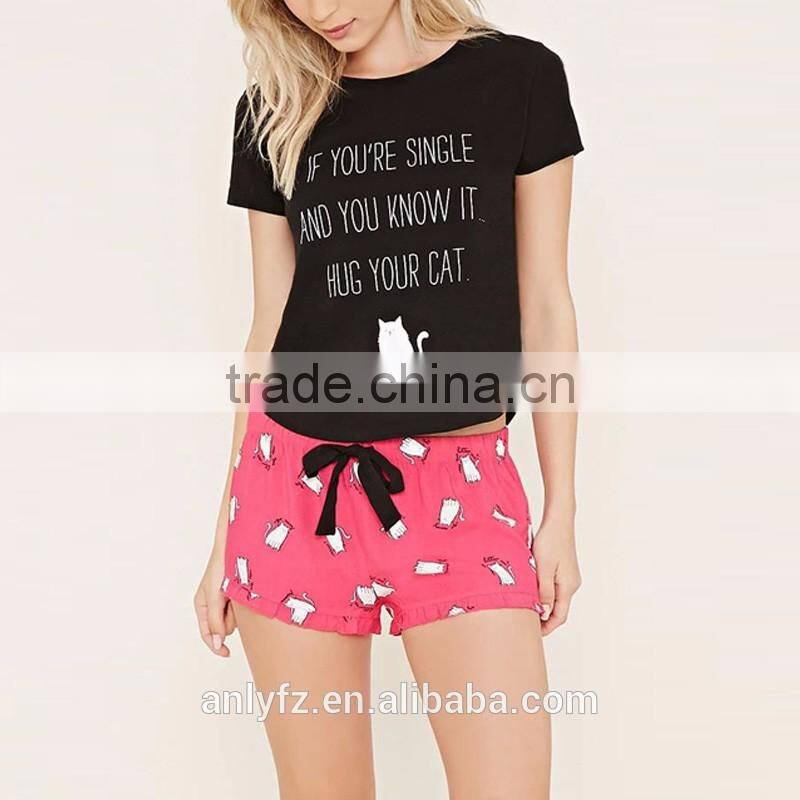 Anly pajamas women hot 2016 lovely cat print short sleeve short suits