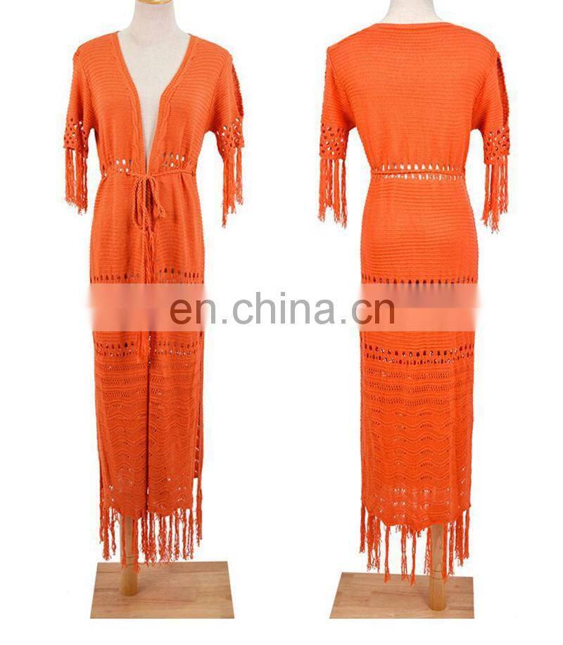 Knit Long Beach Cover up Beach Kaftan Tunics for Beach Swimsuit cover up Robe Plage Tassel Bathing suit Women Crochet cover Up