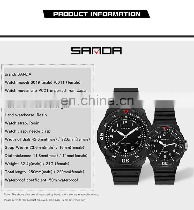 Sanda 6011L 6019G New Mens Ladies Quartz Wrist Watches Luminous Water Proof Fashion Couple Watch Set