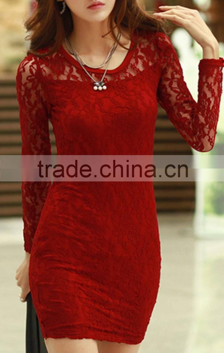 Womans Fashion Dress Long Sleeve Dress Thin Lace Sexy Dress