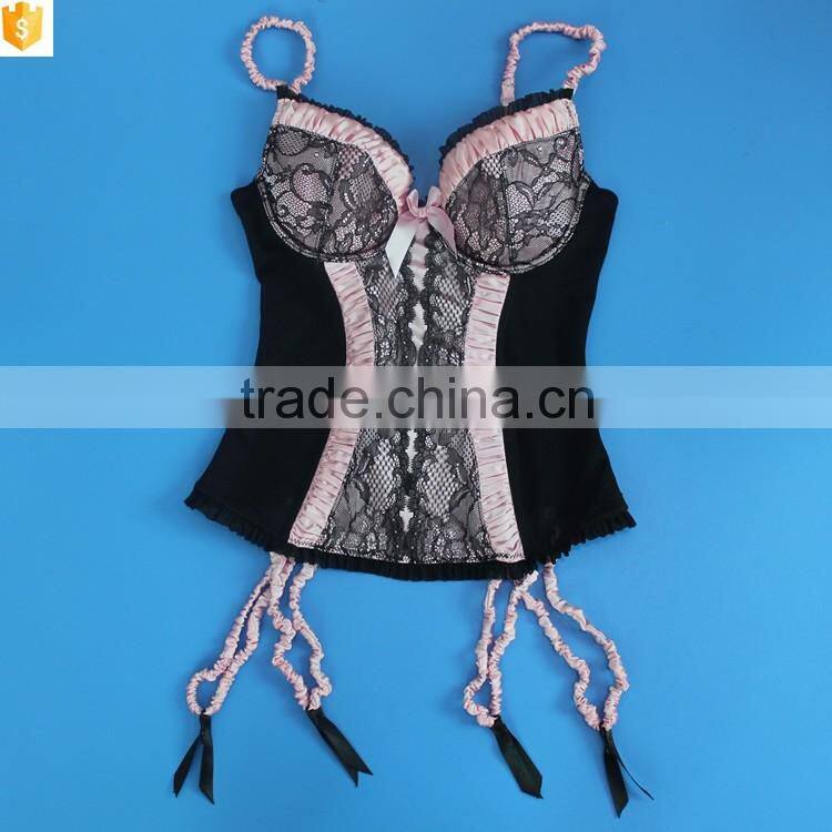Wholesale women Shapewear, black lace pink bow sexy corset