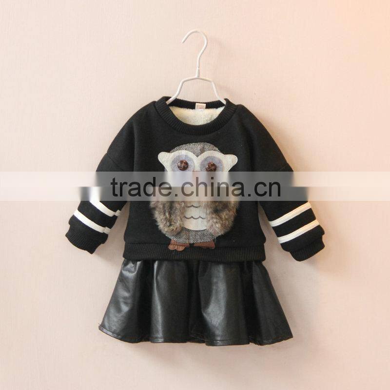 cute owl pics girls set long sleeve t shirt with black leather skirt red black 2 colors fashion children set