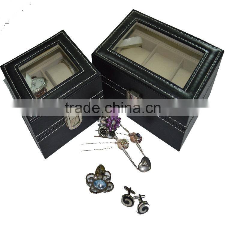 Luxury PU Leather Seeing-through Top Wooden Watch Boxes With 2- 3 Slots