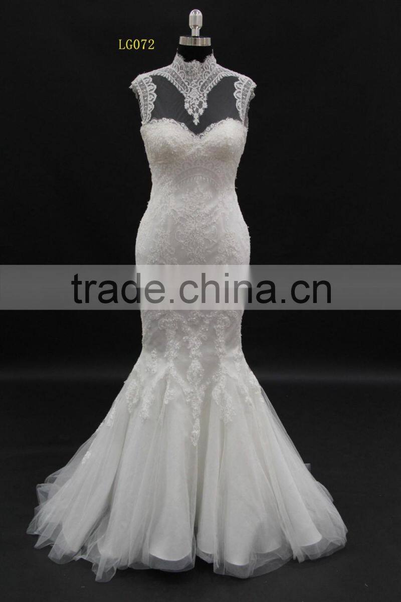 high neckline french lace collar with buttons mermaid wedding dress