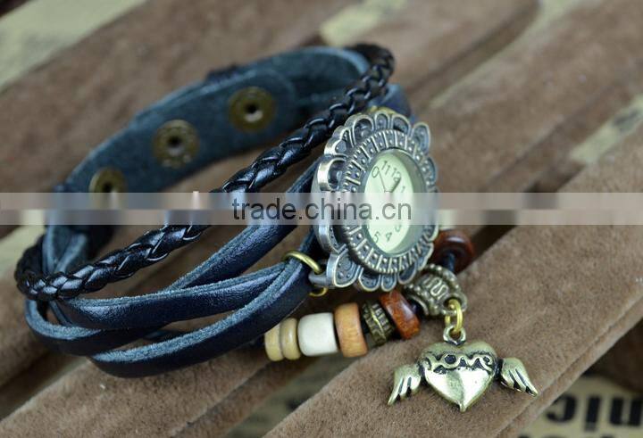 wholesale New style Retro metal Fashion Leather Bracelet Water Quartz Hand Clock Women Wrist Watch ,antique gold filled watch