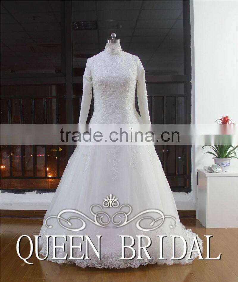 Real Works Appliques Muslim Bridal Wedding Dress Long Sleeve Ball Gown
