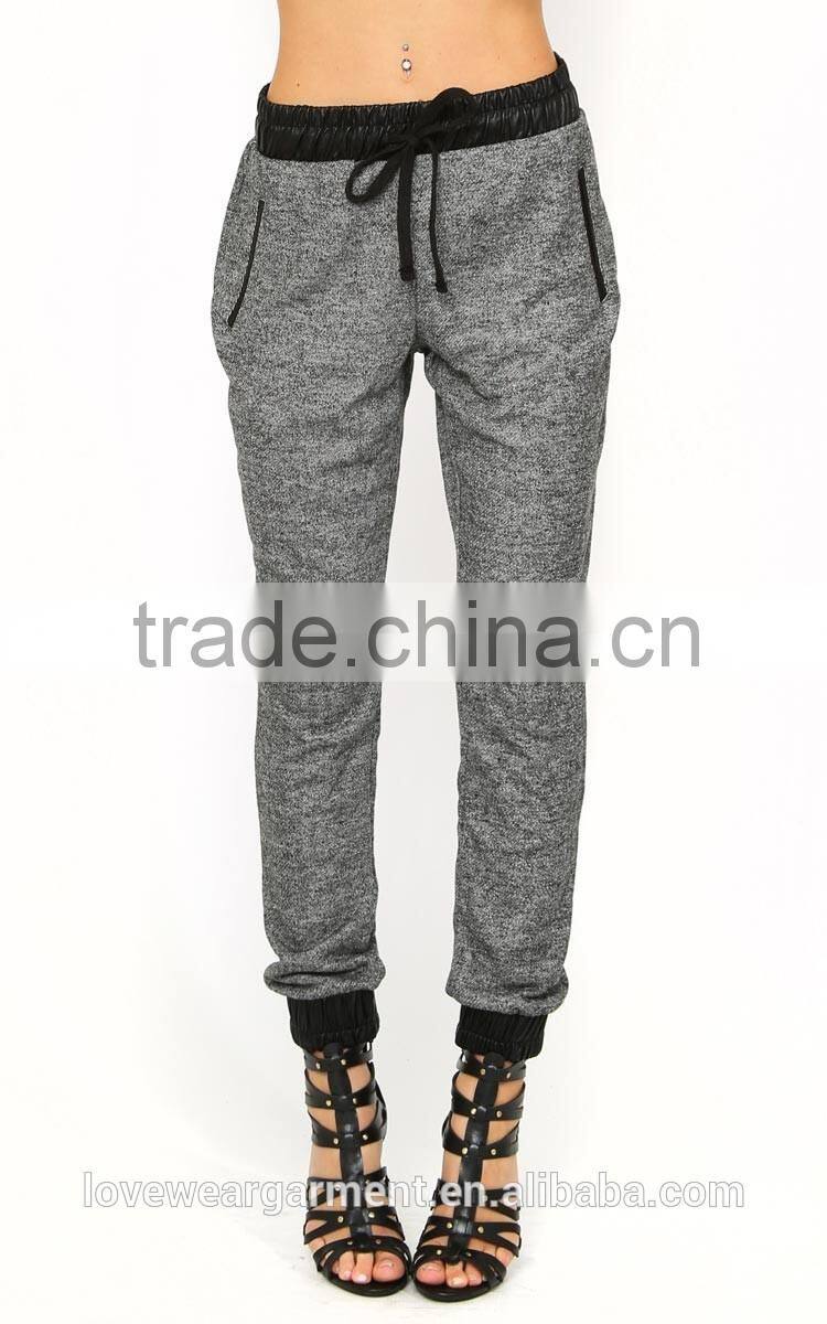 Fashion women sport jogger pants in grey with leather pocket waist