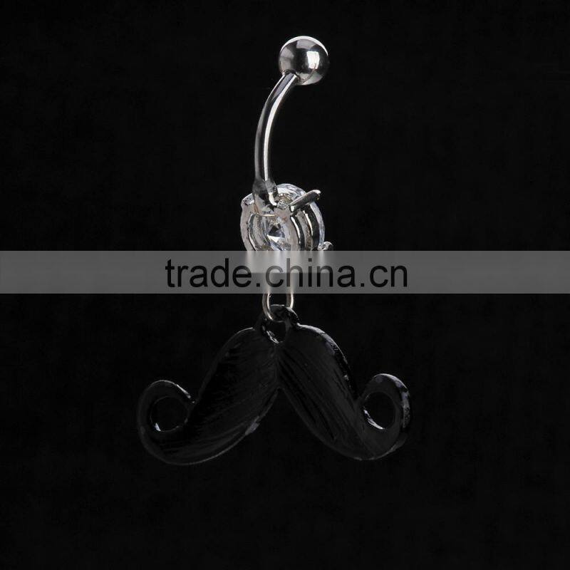 Black Plated Movember Moustache Zircon Inlay Dangle Belly Button Naval Ring.