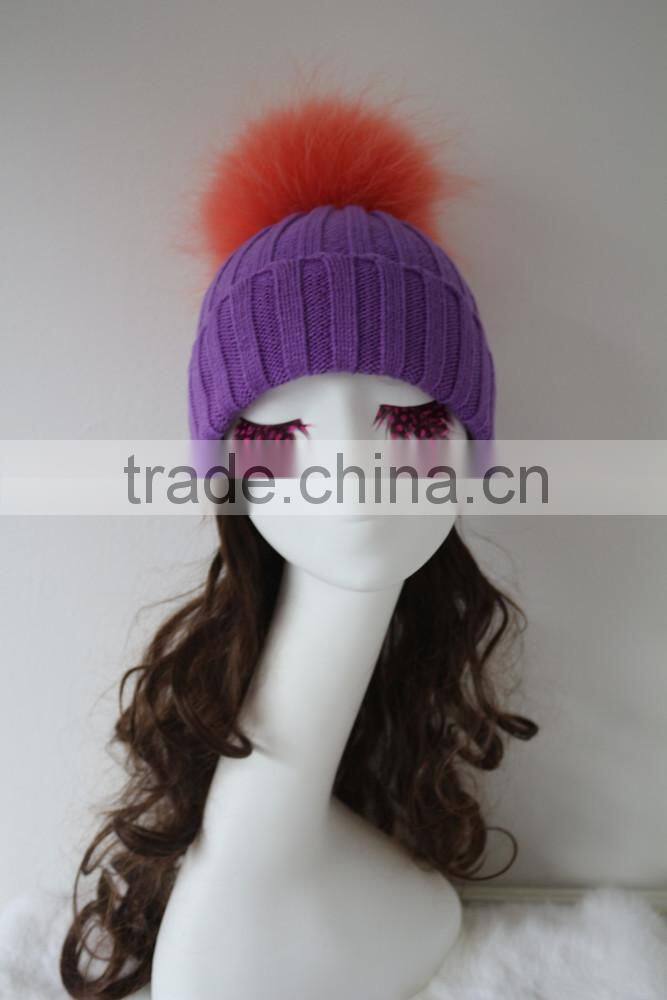 Big Dyed Orange Raccoon Fur Ball With Knit Rib Beanie Purple Cap Fluffy Fur Pompom Knitted Wool Hat
