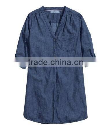 Women Long Sleeve V-neck Denim Shirt