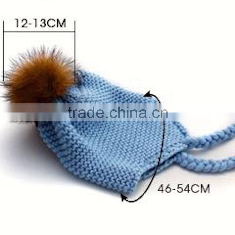 New Style Winter Warm Crochet Wool Baby Beanie Hat with Raccoon Fur Pom poms Ball/Earflaps