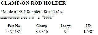 Stainless steel 316 Clam-on Rod Holder