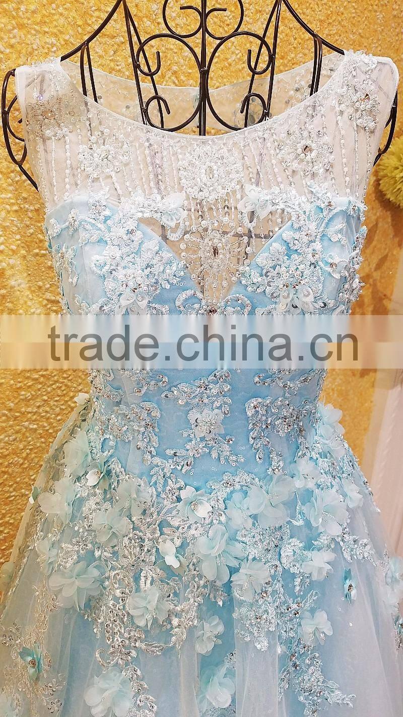 Free Shipping Real Sample Light Blue Beading Evening Dresses 2016 Crystal Flower Applique Open Back Bow Sash Party Gown ML183
