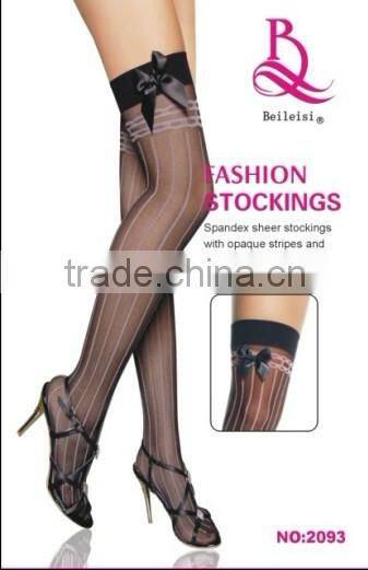 Spandex Sheer Black Stockings With Opaque Strips And Satin Bow