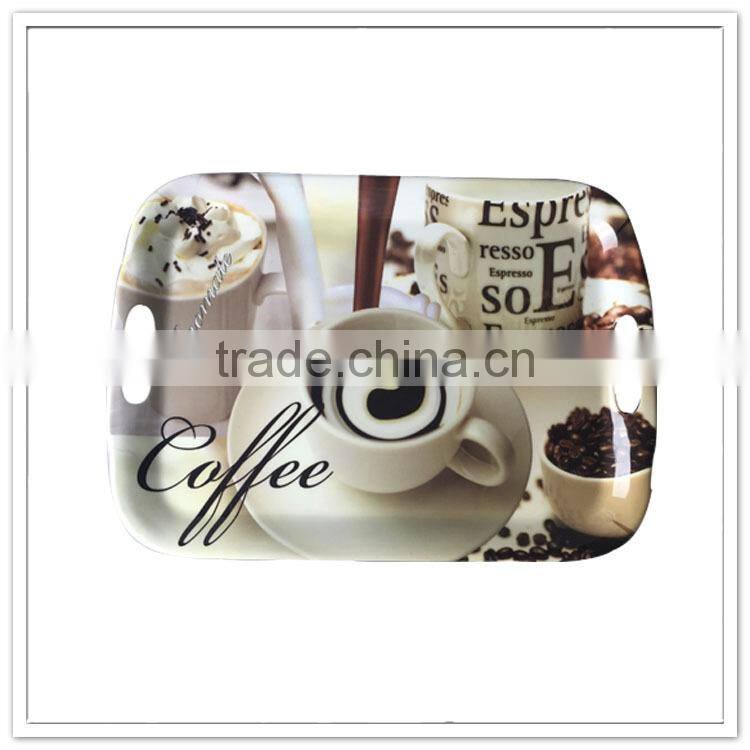 EU standard non-slip plastic ware for hotel handled cappuccino printing rectangular melamine coffee serving tray