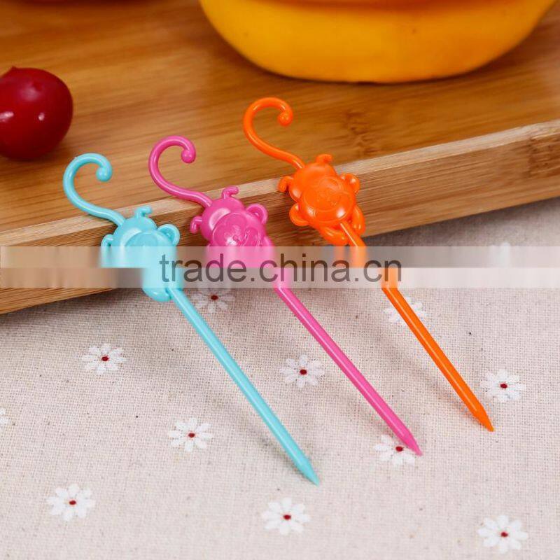 Factory best price ABS colorful disposable top quality animal mokey shape plastic fruit fork