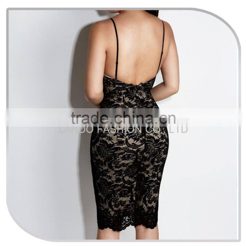 Ladies new model Deep v open back bodycon midi dress girls sexy black contrast lace night dress