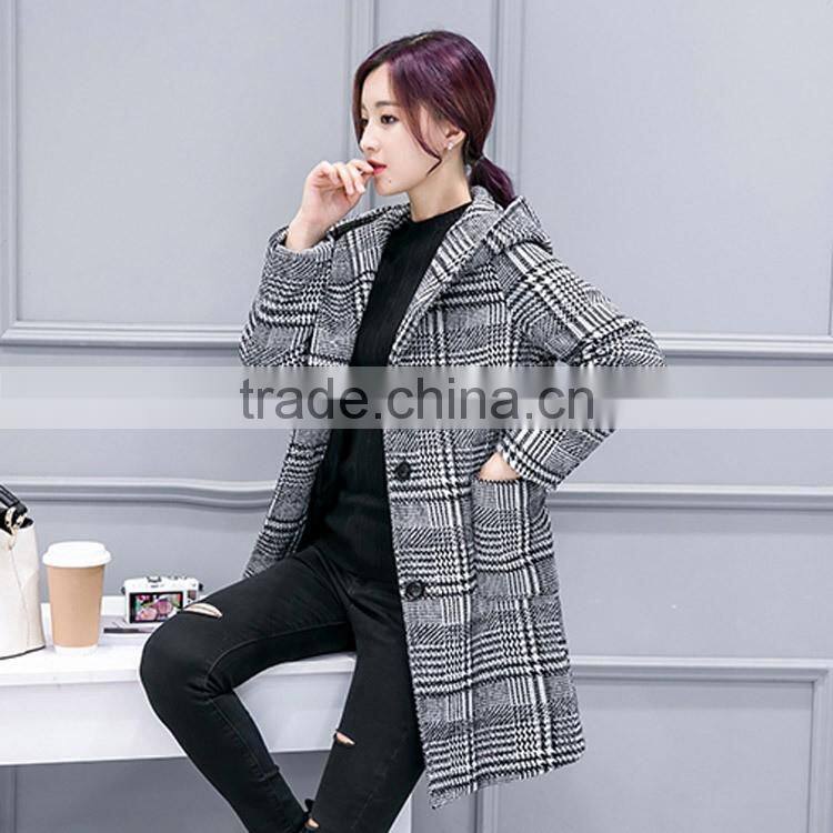 2016 Winter Ladies Black Long Plaid Wool Coat for Women and ladies