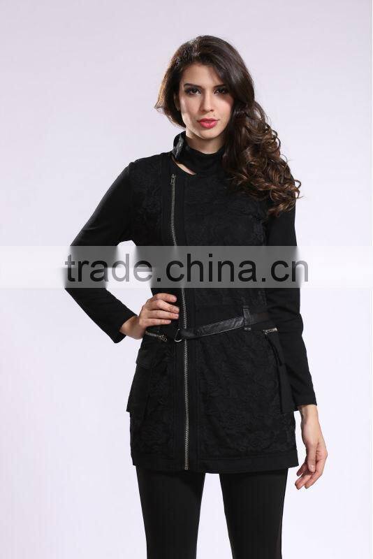2014 New Arrival Ladies Asymmetrical Zip Long Coat Fashion Design Winter Overcoat