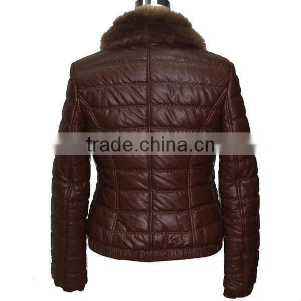 Newest fashion woman quilted PU leather down winter coats with button clousure