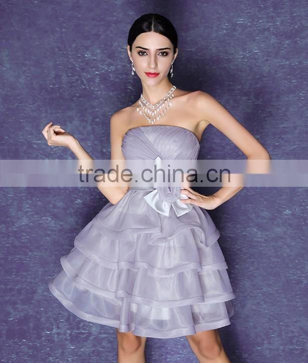 latest short knee length organza night purple evening dress