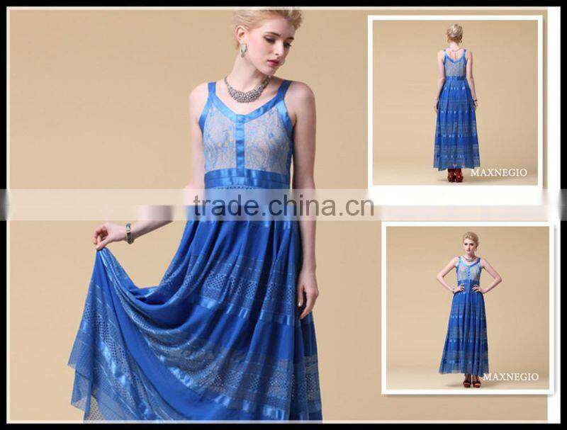 Halter neck embroidered fabric long maxi dress