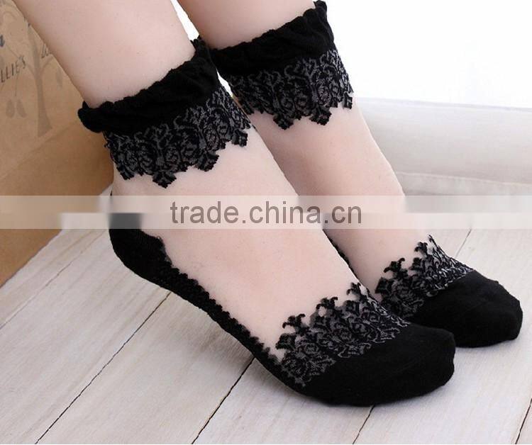 Hot sales Colorful Ultrathin Transparent Beautiful Crystal Lace Elastic Short Women Socks Calcetines Pink Sock for Womens meias