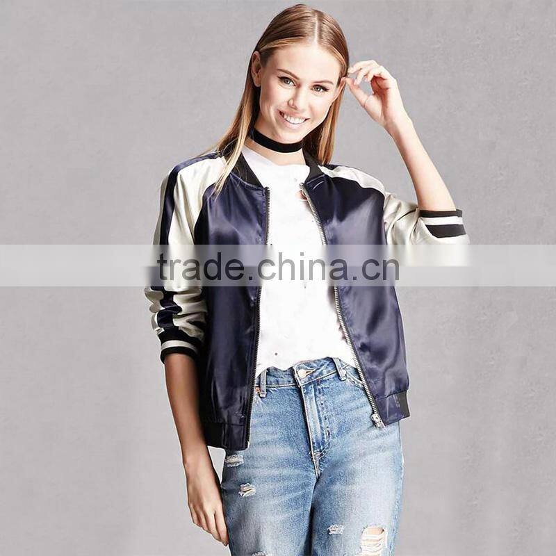 Satin back floral embroidered striped raglan sleeves casual coats for ladies