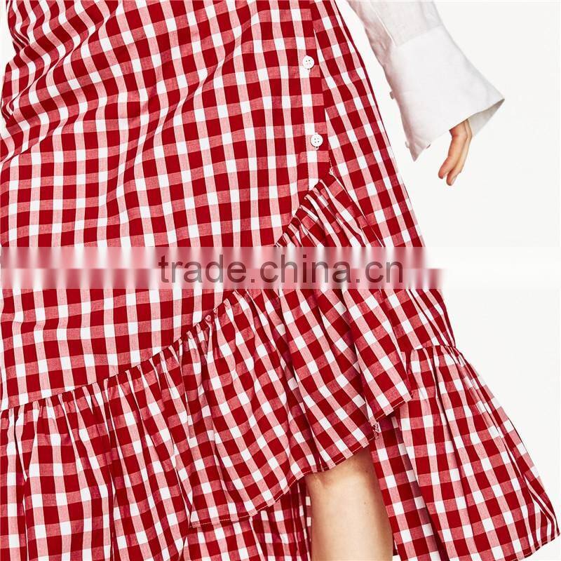 2017 newestFront button fastening red plaid skirt with frill detail