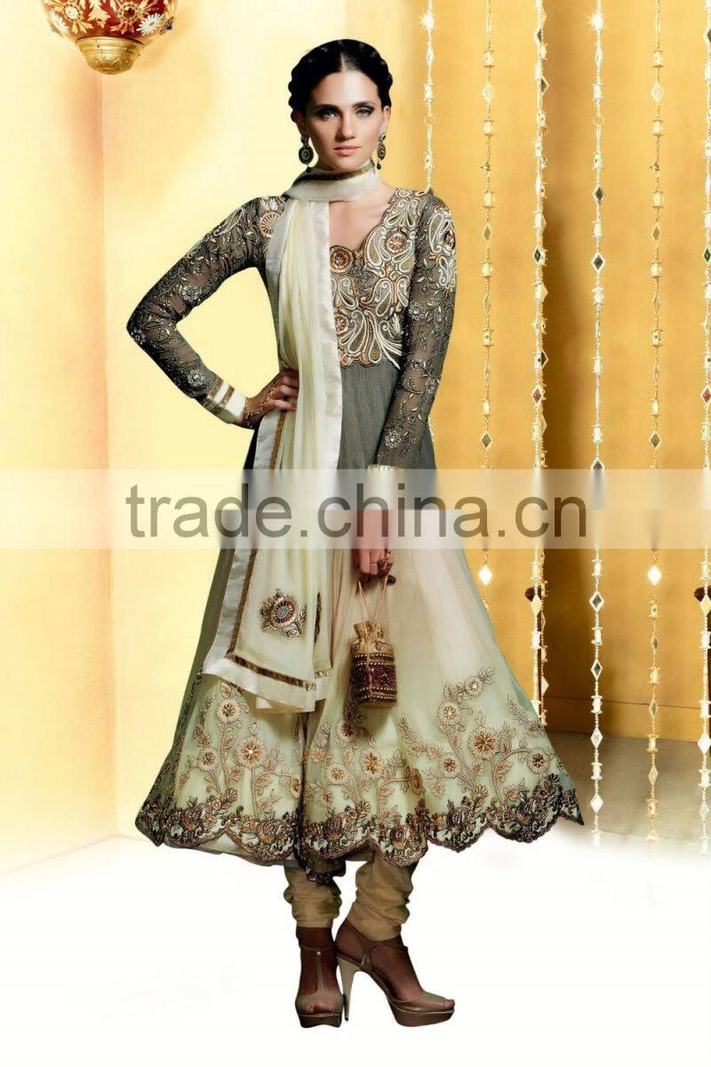 Yellow color on brown with purple color on embroidery heavy design jacket long Anarkali Designer Semi Stitch Salwar Kameez
