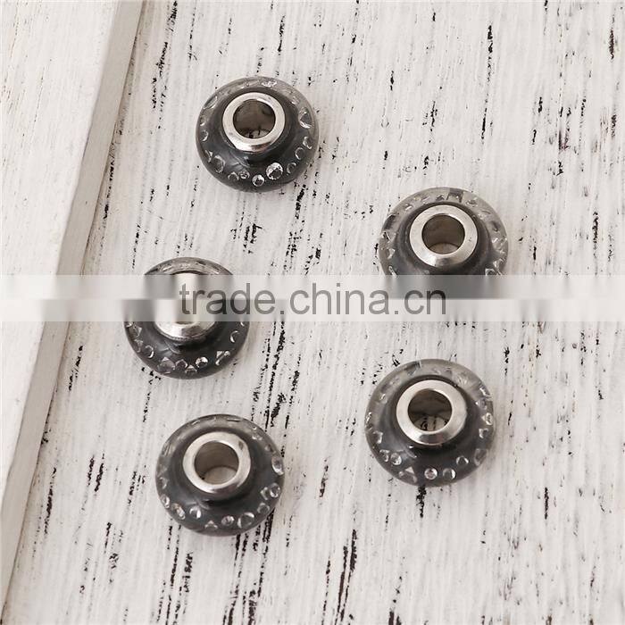 Lampwork Glass & Cubic Zirconia European Style Large Hole Charm Beads Round Black Clear W/ Stainless Steel Silver Tone Core