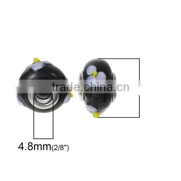 Lampwork Glass European Style Large Hole Beads Round Black Mauve Flower With 304 Stainless Steel Silver Tone Core
