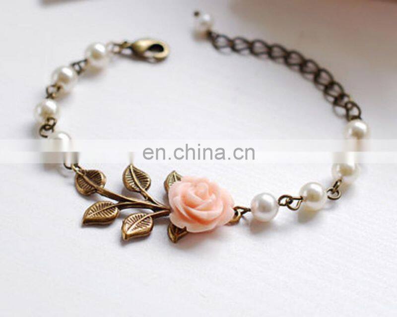 Peach Pink Flower Leaf Ivory Cream Pearls Bracelet Vintage Inspired Wedding Bridal Pearl Bracelet
