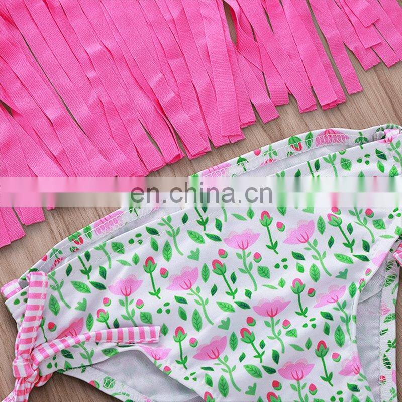 2019 Summer girls pink tassel bikini set kids fringe swimwear with floral shorts 2pc set