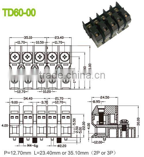 12.7mm spacing PBT brass Conduction Board feed through terminal blocks