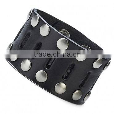 Punk Black Wide Leather Bracelet Wristband Fiver-Pointed Star Rivet Chain Bangle