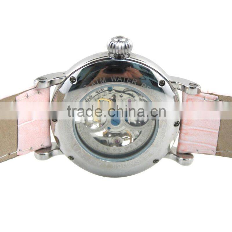 SA8139 Professional China automatic movement stainless steel case back leather strap watch